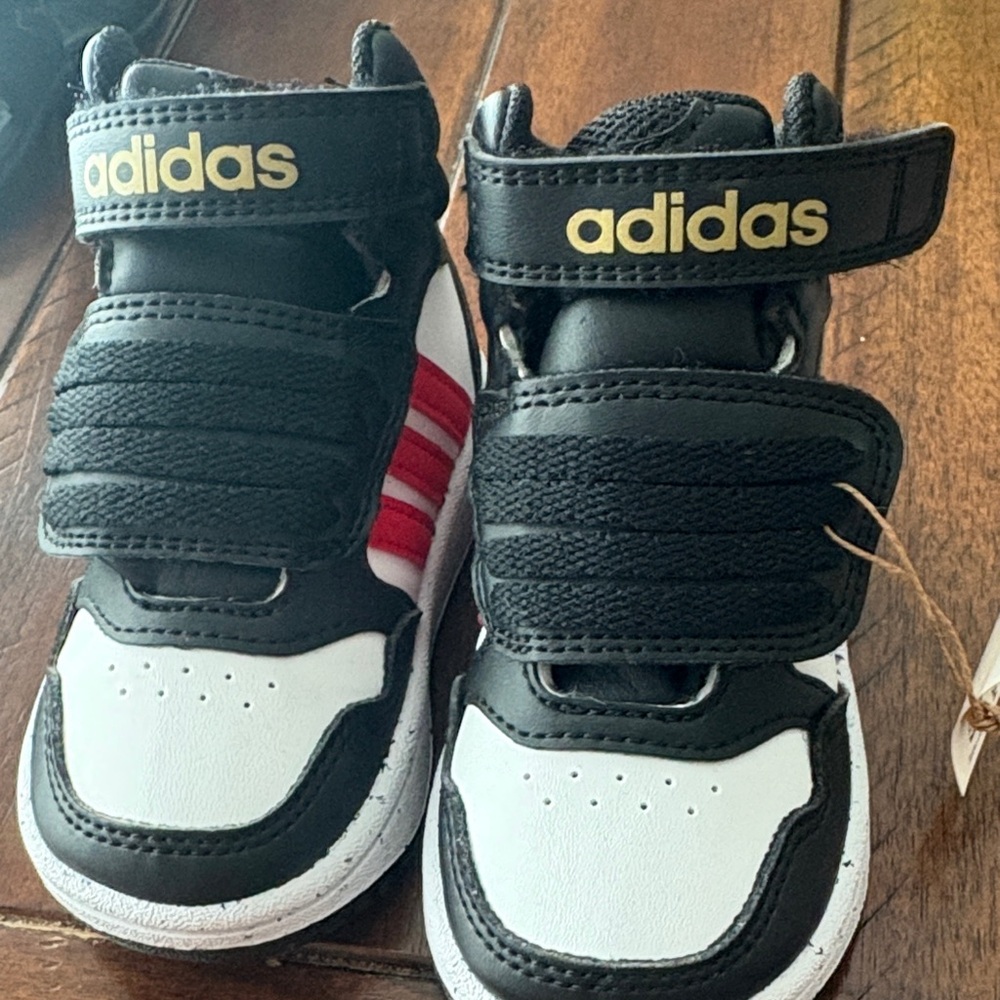 adidas Kids Black White Red Mid-Top Sneakers with Gold Logo